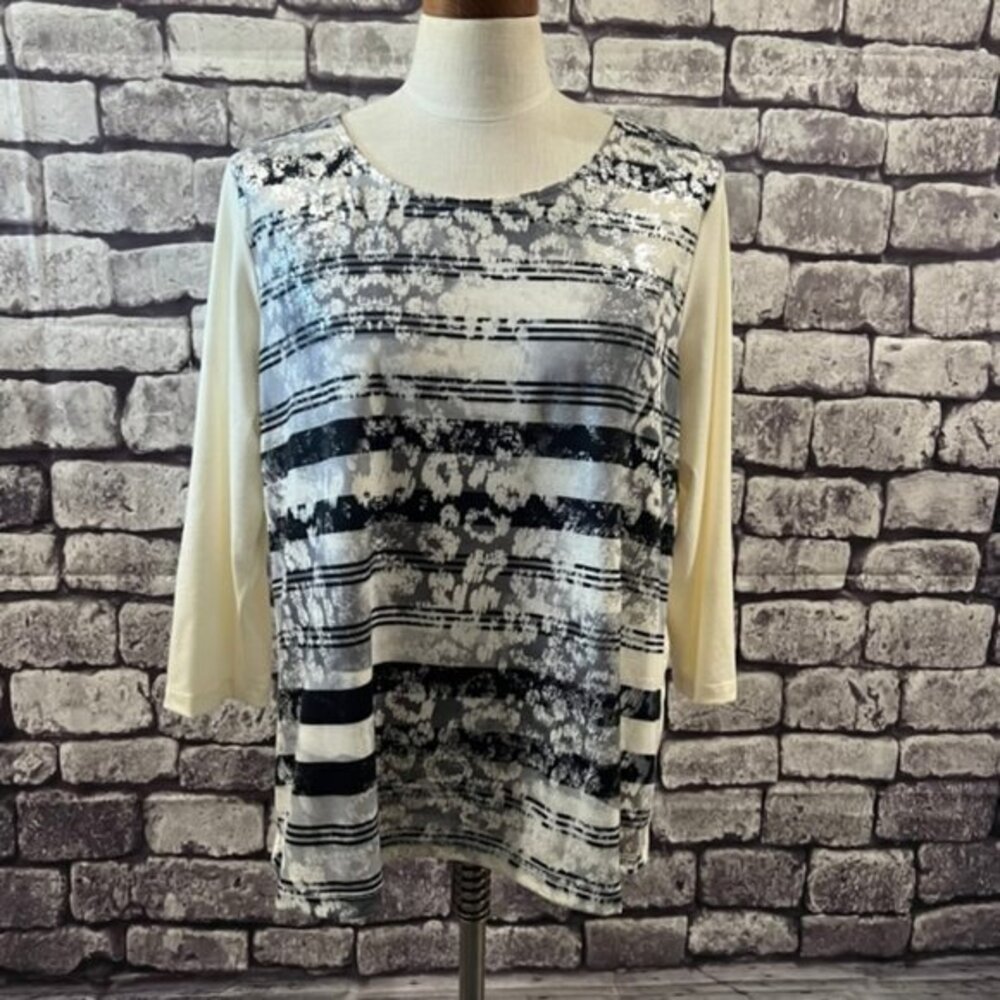 Chico's Zenergy 3/4 Sleeve Blouse Ivory, Black, Gray & Silver Size L